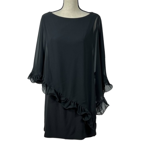 XSCAPE Black Ruffle edge sheer cape mini dress . - Picture 13 of 13